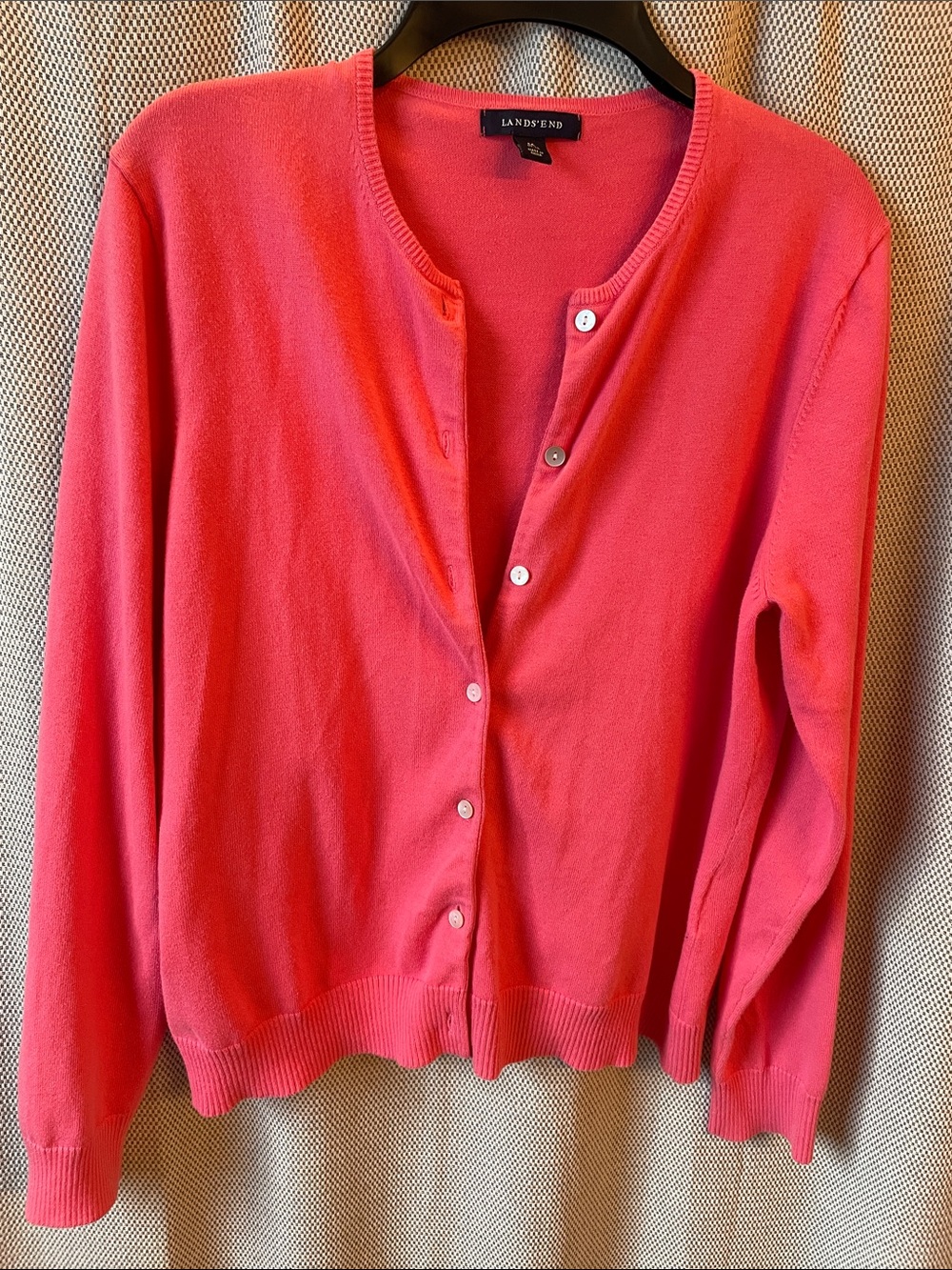 Lands' End Women's Coral Apricot Button-Front Crewneck Cardigan